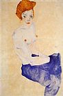 Light Canvas Paintings - Seated Girl with Bare Torso and Light Blue Skirt